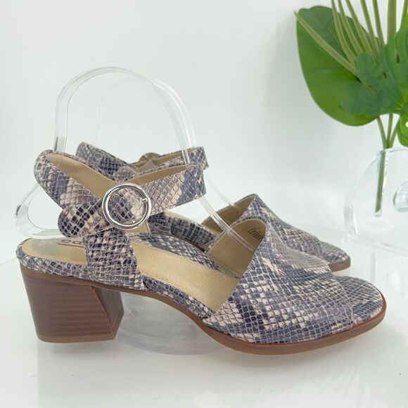 Earth Murano Haze Sandals Women' 9.5 Taupe Multi Snake Ankle Strap Block Heel - Picture 3 of 16